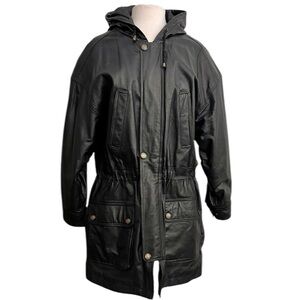NYDA Vintage Leather Coat Jacket Parka Black PL L Large M Medium Petite